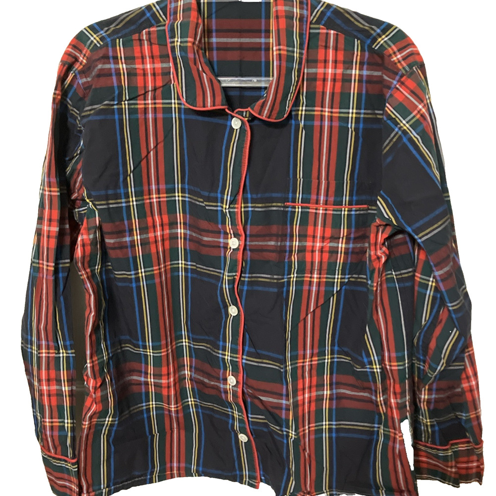 J Crew Womens Cotton Pajama Black Tartan Plaid Top Long Sleeve w Pocket Large